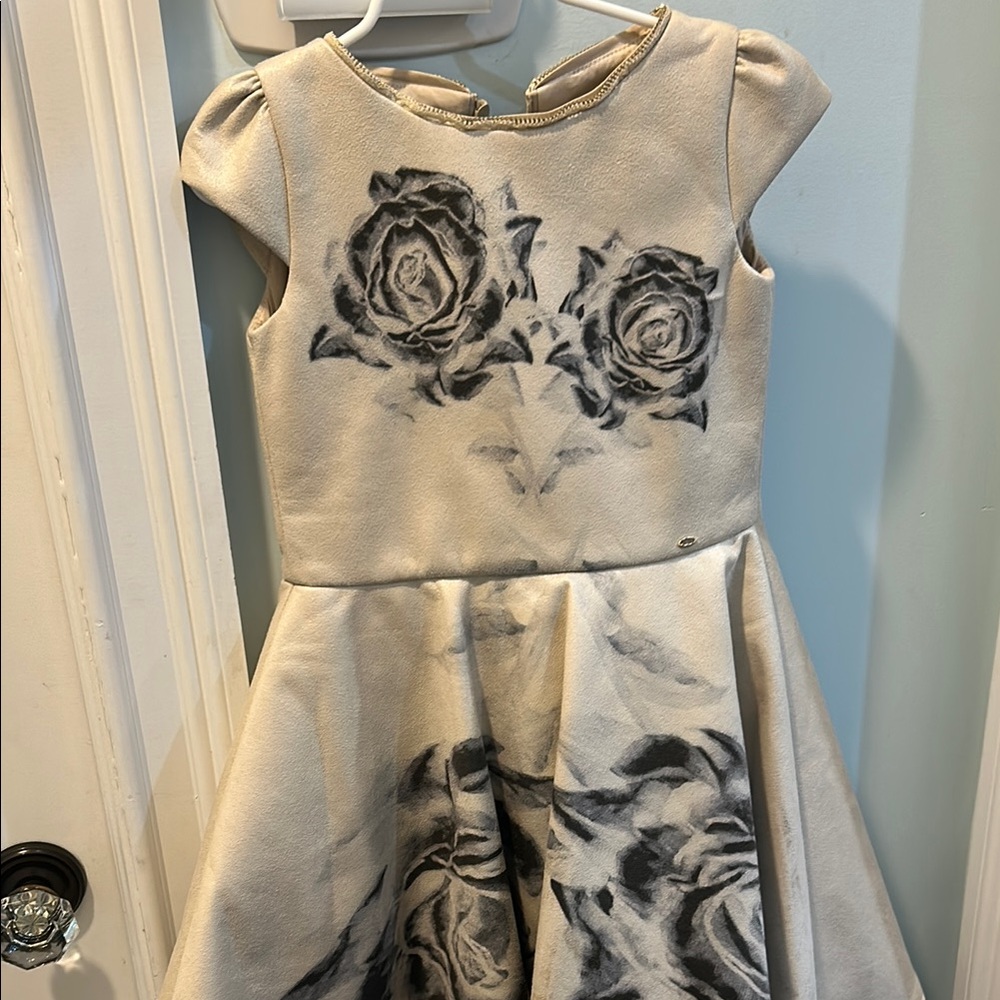 Junona Elegant Floral Kids Dress in Gray and Cream 7-8Y